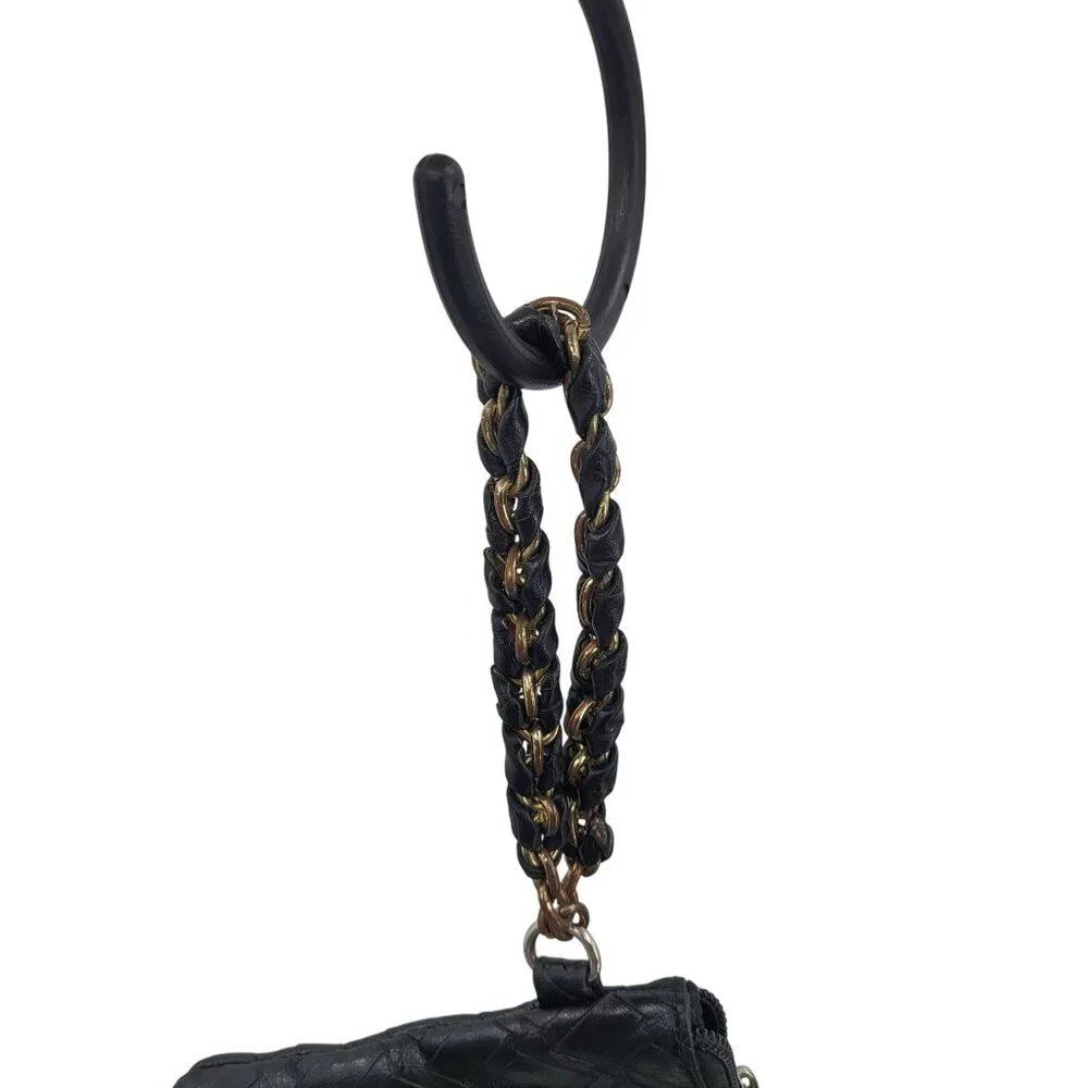 Vegan Black Tire Tread Embossed Faux Leather Wristlet Gold Chain Biker Steampunk